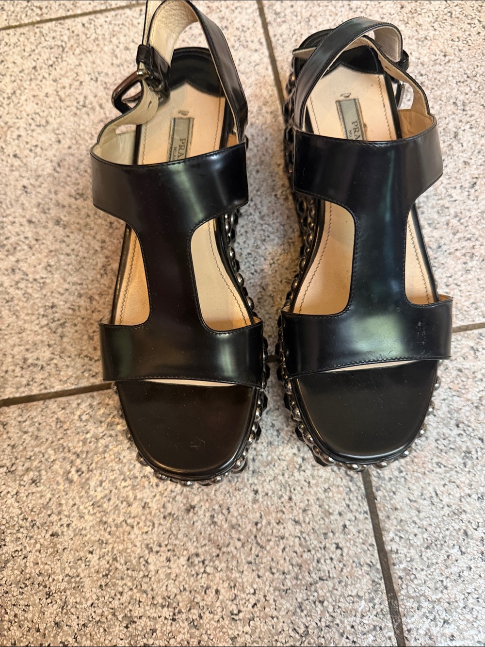Prada Black Leather T-Strap Studded Platform Sandals